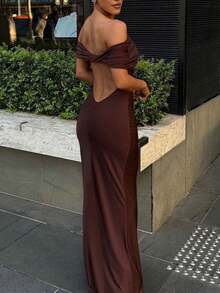 优雅女士露肩长裙，美人鱼下摆，紧身半袖，褶皱高弹力面料，非常适合晚会、婚礼、鸡尾酒会、舞会和正式庆典