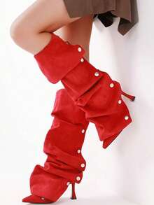 Fashion Red Boots Women's Knee High Boots Pointed Toe High Heels Wide Calf Ruched Slouchy Stiletto Shoes Detachable Snap-Off Panel Mid Calf Boots - 紅色絨面革 - 查看 4