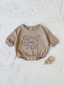 INS 婴儿男女童休闲恐龙刺绣棕色长袖连体衣，春秋季