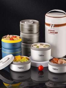 5件套304L不锈钢保温饭盒带储物袋和餐具，便携式双层密封便当盒，适用于办公室、学校