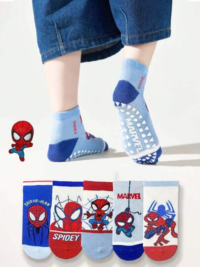 Marvel 5 Pairs Of Children's Spider-Man Themed Socks, Including Girls' Knee-High Socks And Boys' Breathable And Anti-Slip Cartoon Socks, As Well As Home Sports Children's Anti-Slip Floor Socks