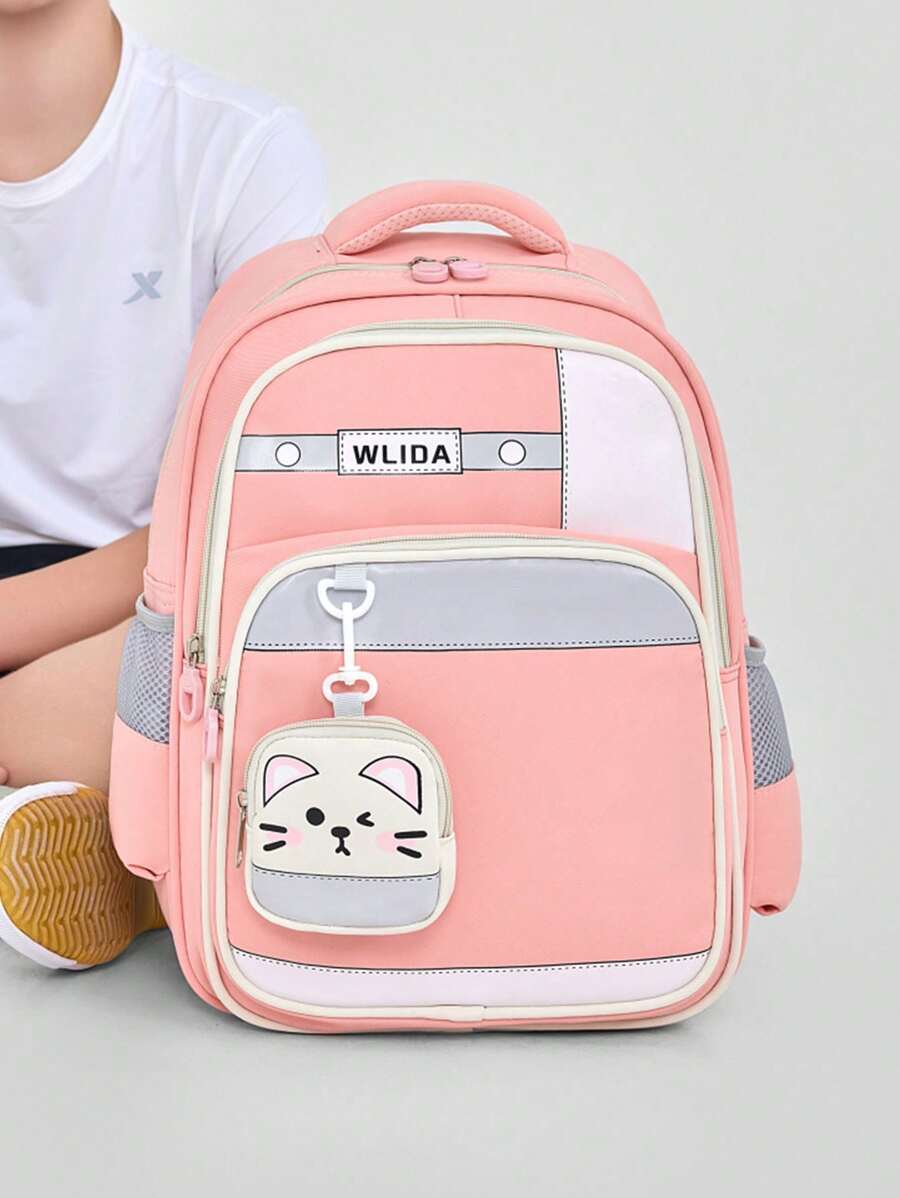 1个可爱水鼠图案撞色背包，适合青少年。大容量活泼学生背包，多口袋设计。时尚背包。实用手提包。个性化轻便背包 - 西瓜粉 - 查看 1