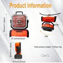 20000mAh Portable Camping Fan, Rechargeable Battery Operated Oscillating Camp Tent Fan W/Remote, 4 Speeds, LED Lights & 360° Rotation Hook For Outdoor RV Travel Essentials, Basic Model-Orange