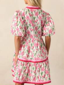 Women Y2K Babydoll Mini Dresses V Neck Puff Sleeve Short Dress Beach Sundress - Hồng - Xem 4