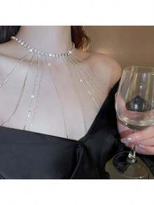 Diamond Inlaid Long Tassel Necklace, Shoulder Chain, Body Chain, One-Piece Personalized Bride Dress, Party Light Luxury Accessories, Necklaces - Silver - View 4