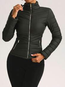 Chamarra Capitonada Mujer Resorte Lateral Forro Peluche Fino - Verde militar - Ver 1