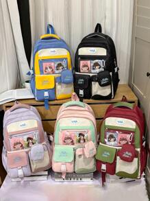 1 新款尼龙材质可爱卡通图案字母刺绣撞色大容量背包，小钱包挂件，多个口袋，可单肩背，时尚有型，日常上学户外旅行百搭款