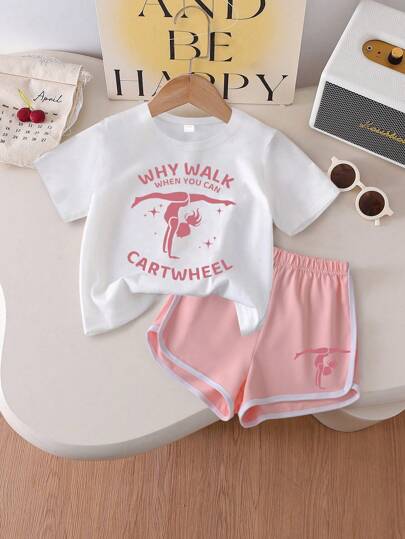 2 件套女孩运动活力车轮印花套装，舒适透气，夏季日常休闲装
