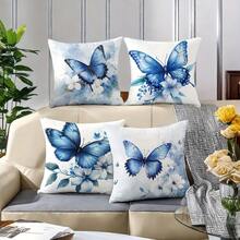 4pcs/Set Blue Butterfly Pattern Pillow Covers - Soft & Comfortable Fabric, With Zipper Closure, Suitable For Living Room Decoration, Home Decor Pillow Covers, Meaning A Better Life And Career! Gifts Birthday Graduation