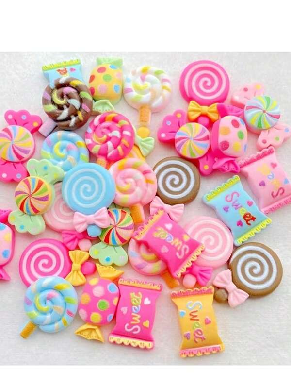 30 Peças Pingentes em Resina com Estampa de Doce/Pirulito Pintados à Mão - Cabochões com Bottom Liso Coloridos para DIY Chaveiros, Artesanato de Scrapbook, Decoração de Casamento e Joias