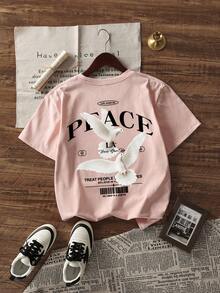 Áo thun nam tay ngắn in khẩu hiệu chim bồ câu cá tính, thoải mái và thoáng khí, phù hợp cho mùa hè, thời trang hàng đầu, phong cách những năm 2000 - Hồng - Xem 5