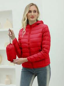 ZIAI Women Long Sleeve Hooded Down Coat Regular Length Warm Filled Jacket With Pockets And Zipper