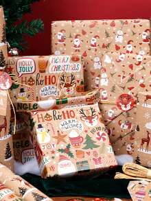 1张50*70厘米圣诞包装纸，节日礼品包装，图案包括圣诞树、圣诞老人、驯鹿、雪人，经典节日主题设计，适用于节日礼品和手工艺品包装。 - 壁爐甜夢 - 查看 5