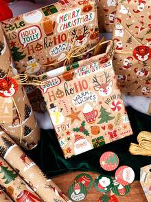 1张50*70厘米圣诞包装纸，节日礼品包装，图案包括圣诞树、圣诞老人、驯鹿、雪人，经典节日主题设计，适用于节日礼品和手工艺品包装。 - 壁爐甜夢 - 查看 6