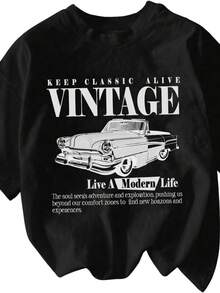 Artsadd Vintage Car Graphic Womans Tshirts, Oversize Casual Tees, Short Sleeve Loose Shirts - 黑色 - 查看 1
