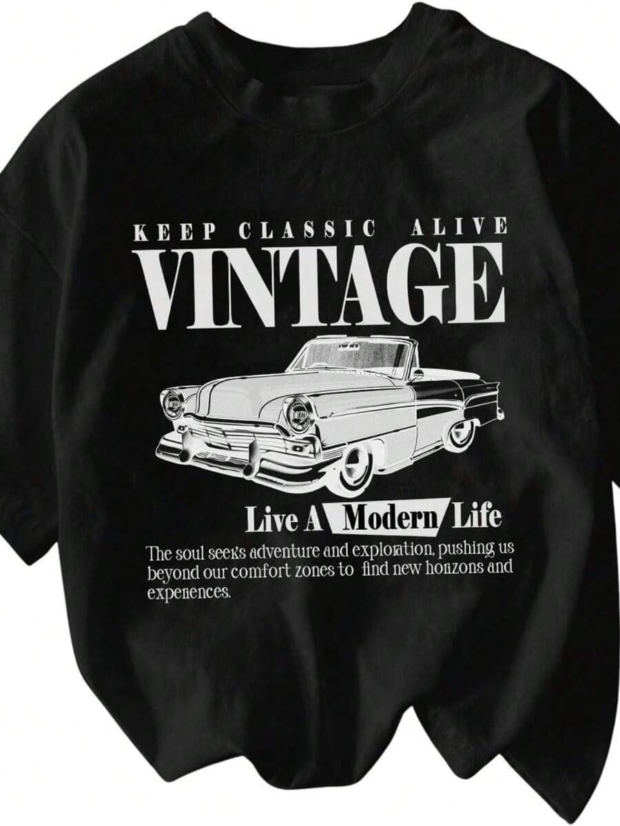Artsadd Vintage Car Graphic Womans Tshirts, Oversize Casual Tees, Short Sleeve Loose Shirts - 黑色 - 查看 1