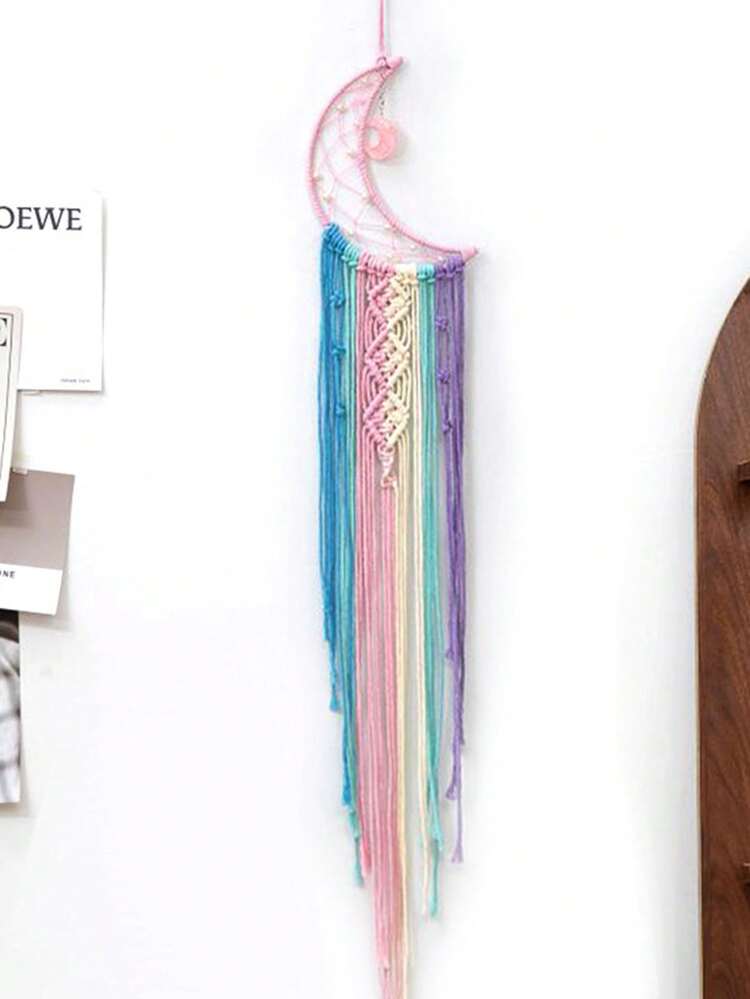 1 st Boho Macrame Vävd Vägghängande Virkad Crescent Moon & Star Drömfångare med långa tofsar, handgjorda bohemiska heminredningskonsthantverk för barn sovrum, sovsal (exklusive ljus) - Multifärgad - Visa 13