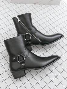 Men's Western Style Side Zipper Motorcycle Boots, Chunky Heel Boots - Black - View 2