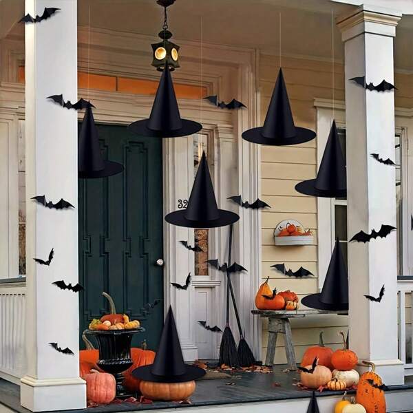 12pcs/6pcs/1pc Black Halloween Witch Hat, Nylon Rope Witch Hat, Witch Costume Accessories Decoration, Indoor And Outdoor Floating Decoration Party Supplies, Home Porch Ceiling Halloween Decoration, Halloween Courtyard Decoration Halloween Costume Witch Hat,Spiders, Skeletons, Crows, Vampires, Pumpkins, Ghosts, And Monsters Home Decor Room Decor