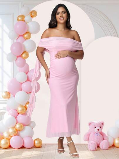 JustVH Maternity Off Shoulder Elegant Gown Ruffle Trim Dress For Baby Shower, Summer