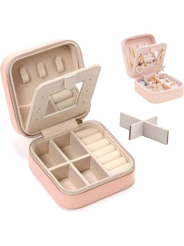 1 pieza Joyero de viaje con espejo, caja de almacenamiento de joyas portátil, caja de joyas de PU impermeable para anillos, aretes, collares, pulseras - Regalo para mujeres, niñas, artículo imprescindible para el regreso a la escuela, regalo para vacaciones. Bolsa esencial de viaje para útiles escolares, bolsa de maquillaje, bolsa de viaje para mujeres