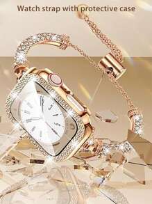 2-In-1 Rose Gold Protective Case + Cylindrical Rhinestone Metal Strap Set For Apple Watch - Bracelet Design Replacement Strap [38/40/41/42/44/45/46/49mm] | Women's Sparkling Crystal Soft Strap For Ultra/SE/10/9/8/7/6/5/4/3/2/1 Series