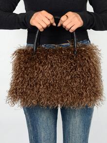 Furry Shoulder Bag For Women Fuzzy Faux Fur Large Tote Handbag Cute Soft Fluffy Purse Tote Bag For Women, Lightweight Puffy Tote Bag With Compartments Quilted Shoulder Bag  Furry Purse Fluffy Tote Bags For Women Winter Faux Fur Bag Fuzzy Purses And Handbags - 焦糖色 - 查看 1