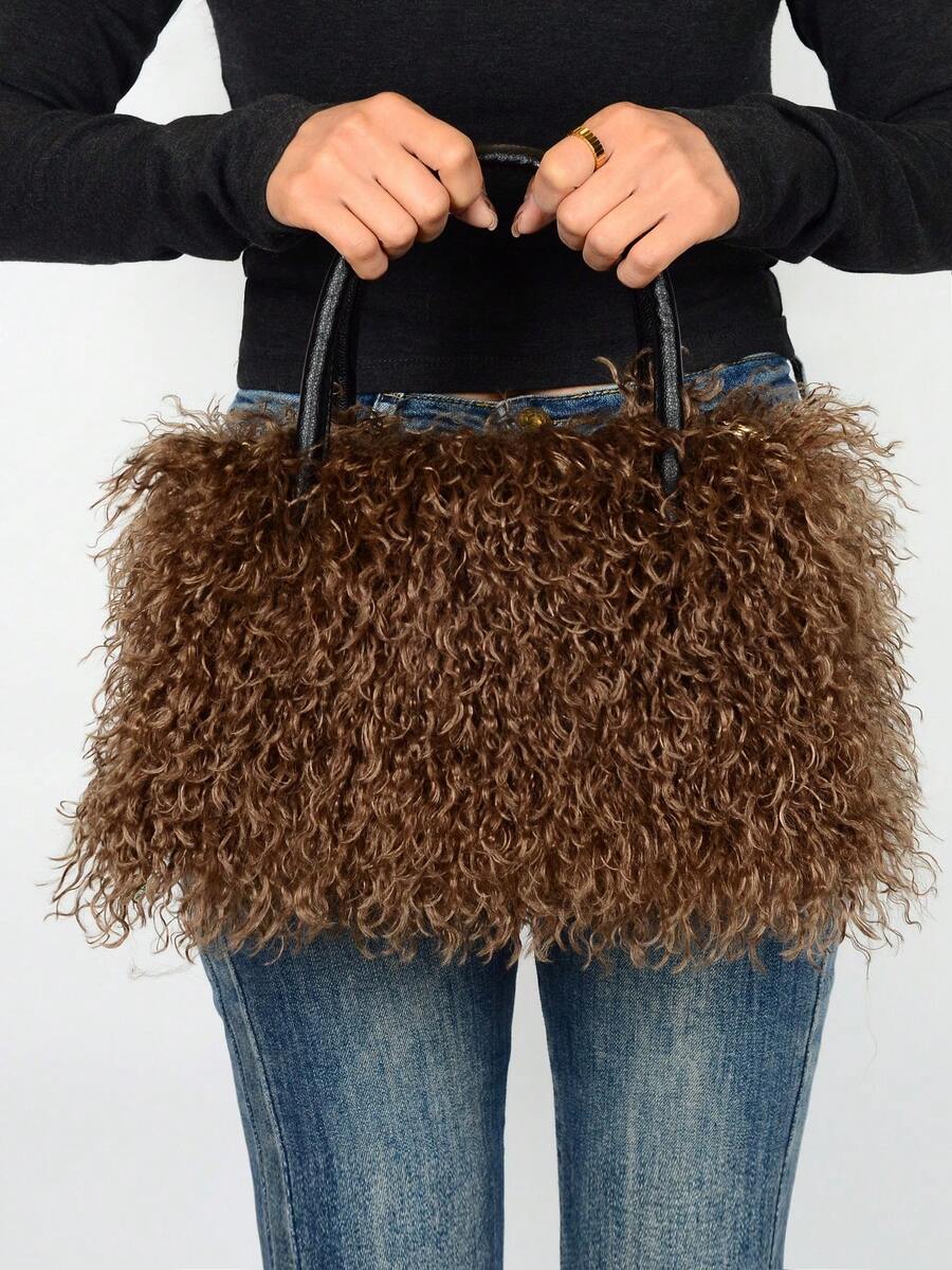 Furry Shoulder Bag For Women Fuzzy Faux Fur Large Tote Handbag Cute Soft Fluffy Purse Tote Bag For Women, Lightweight Puffy Tote Bag With Compartments Quilted Shoulder Bag  Furry Purse Fluffy Tote Bags For Women Winter Faux Fur Bag Fuzzy Purses And Handbags - 焦糖色 - 查看 1