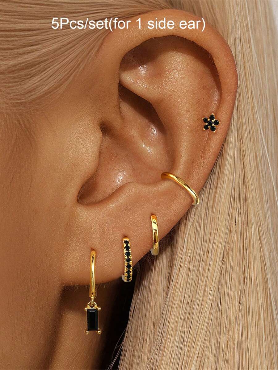 5件套耳环套装女镀金耳夹黑锆石耳钉耳环圈形耳环吊坠耳环女时尚珠宝配饰 - 5Pcs/set(1 side ear) - 查看 1