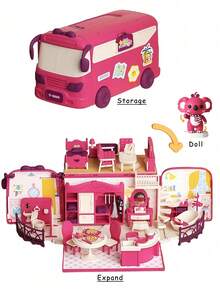 (Random Rabbit Outfit Design) Portable Camping Car RV Toy Set, Children's Toy Car Bus, Mini Rabbit House Family Toy, Birthday/Holiday Gift For Boys And Girls