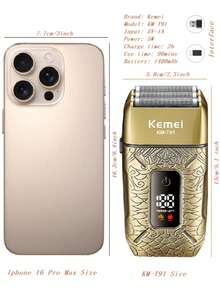 Kemei KM-T91 男士三刀头电动剃须刀，配备 1 块 1400mAh Type-C USB 可充电锂电池，带来沙龙级剃须体验，带 LED 显示屏，三刀头浮动式设计，干湿两用，USB Type-C 接口 - 彩色 - 查看 11
