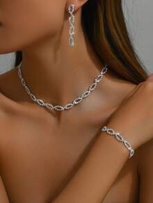 1 Set Women's Elegant Crystal Rhinestone Necklace 1pc + Earrings 2pcs + Bracelet 1pc, Suitable For Banquet And Party Wear - Silver 425 - View 3