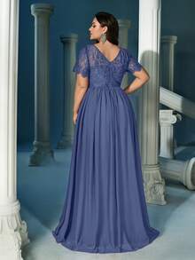 QOQ 优雅大码伴娘礼服 女士正式场合礼服 婚礼宾客纯色拼接蕾丝短袖婚纱 - 霧霾藍 - 查看 2