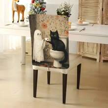 1 Stück/4 Stücke/6 Stücke/10 Stücke Halloween Katzen- & Geister-Muster Plüsch Stuhlbezug, abnehmbarer Kurzflor Stoff Stuhlüberzug, Rückenschutz für Stühle, geeignet für alle Jahreszeiten, Feiertags-Dekorationsstuhlbezug für Esszimmer, Wohnzimmer, Zuhause, mit Rückenschutz, passend für Esszimmer, Büro, Wohnzimmer, Hotel und Heimdekoration