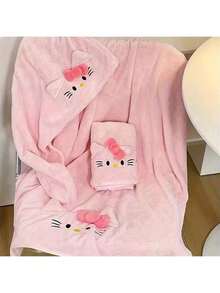 1/3件套Sanrio Kitty猫3件套浴巾套装 - 柔软珊瑚绒，包含干发帽和披肩巾，适合居家或宿舍使用。毛巾浴巾套装Hello Kitty浴室浴室浴室毛巾套装（浴巾、干发帽毛巾）