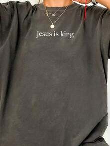 Comfortable Color Jesus Is King Shirt, Christian Shirt, Religious Shirt, Jesus Lover Shirt, Christian Shirt Easter Theme Event Gift Double Cotton Drop Shoulder T-Shirt Women's Retro Street Basic T-Shirt Loose Hip-Hop Unisex Top Washed T-Shirt - 黑色 - 查看 1