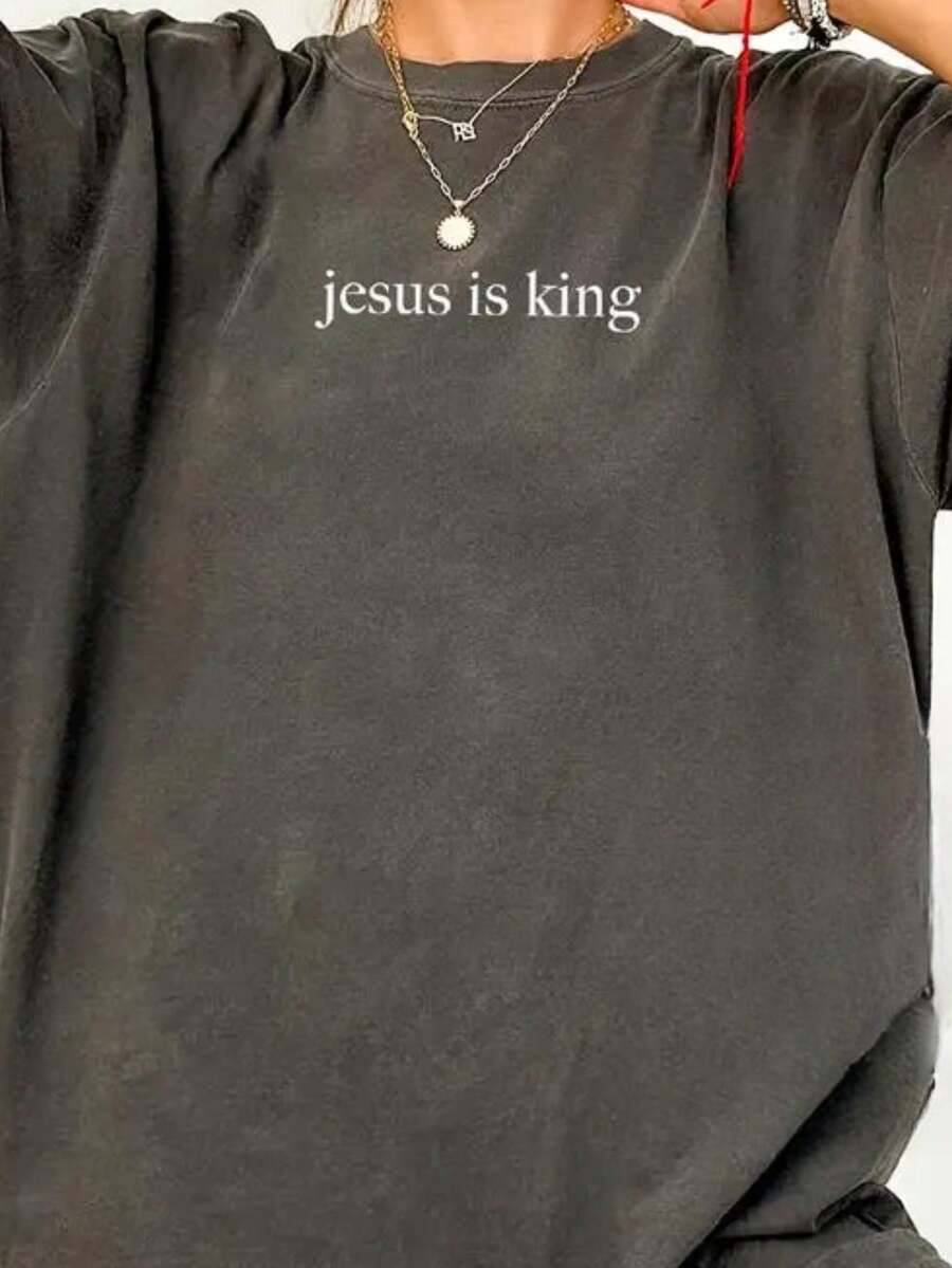 Comfortable Color Jesus Is King Shirt, Christian Shirt, Religious Shirt, Jesus Lover Shirt, Christian Shirt Easter Theme Event Gift Double Cotton Drop Shoulder T-Shirt Women's Retro Street Basic T-Shirt Loose Hip-Hop Unisex Top Washed T-Shirt - 黑色 - 查看 1