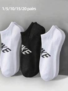 1/5/10/15/20 双女士短袜，返校季，黑/白/灰色，时尚字母设计，弹性舒适，轻盈面料，无束缚，女士休闲短袜