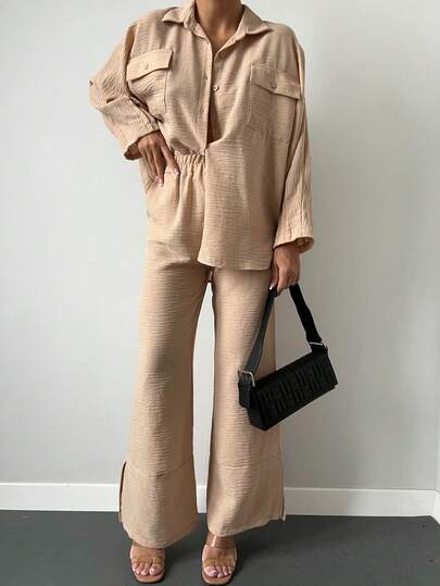 Women's Solid Color Long Sleeve Utility Pocket Single-Breasted Shirt And Flare Pants Casual Suit