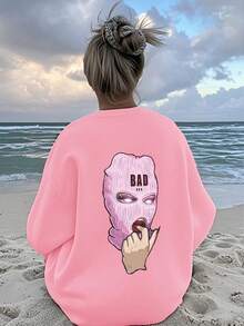 女士Curve oversize純色圓領運動衫，粉紅色印花設計，休閒風格，寬鬆剪裁，柔軟舒適，適合春秋季節，日常穿搭必備，海灘造型優選，獨特藝術圖案，棉質女士上衣，春夏裝假期度假，適合戶外運動服裝，秋冬季居家 日常休閒女裝，情侶款