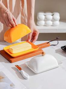 1 Set Ceramic Rectangular Covered Butter Dish With Stainless Steel Knife, Nordic Style Minimalist Solid Color Ceramic Butter Dish, Cheese Dish, Food Storage Container With Lid And Stainless Steel Knife