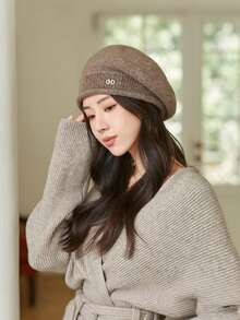 1 pezzo Berretto basco lavorato a maglia di colore unito da donna, cappello alla moda, versatile copricapo caldo per protezione delle orecchie in autunno/inverno per uso esterno