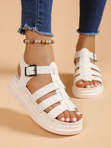 女士平底凉鞋，新款厚底黑色凉鞋，罗马风格凉鞋，防滑百搭时尚凉鞋，夏季休闲沙滩凉鞋 - 米色 - 查看 3