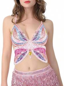 Woms Glitter Sequin Crop Top Low-Cut Top Rave Tube Vest Top Belly Dance Costume Outfits - 金色&藍色&粉紅色蝴蝶 - 查看 2