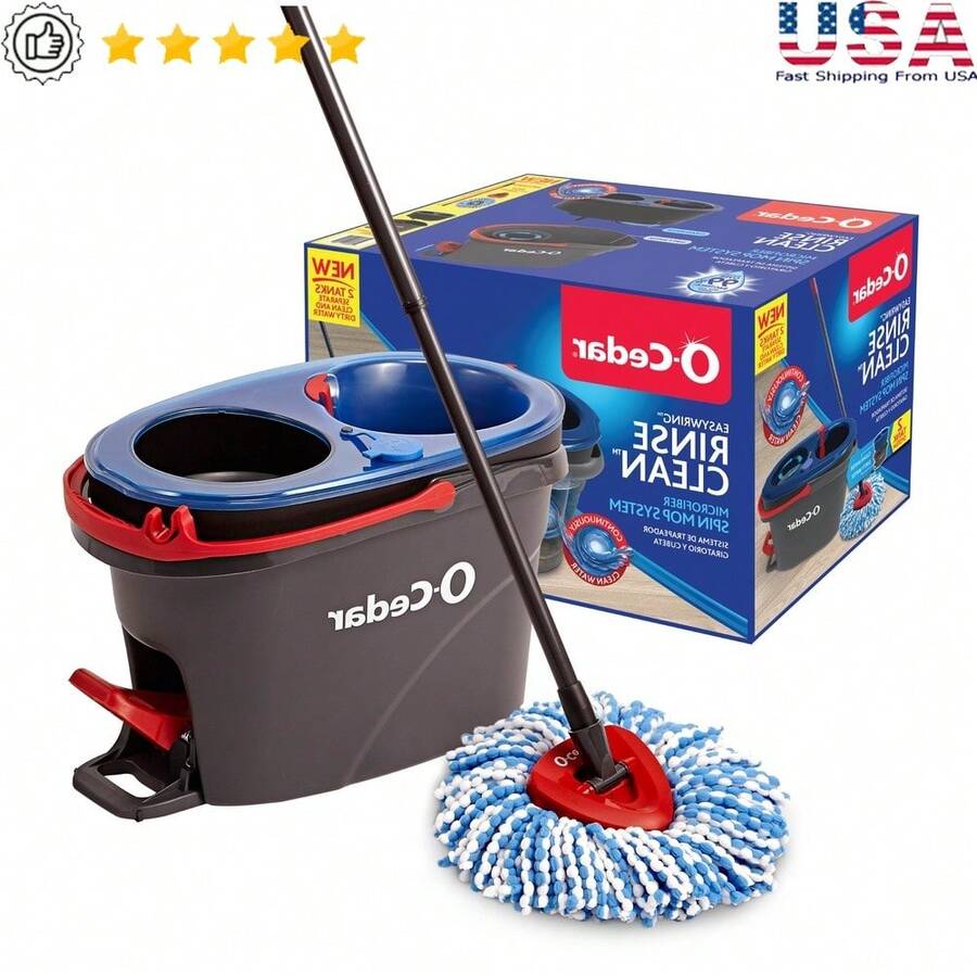 Clean Water Spin Mop Bucket System Hands-Free Wringing Microfiber Mop Head 2-Tank Design Removes 99% Bacteria Safe Hard Floors - Nhiều màu - Xem 1