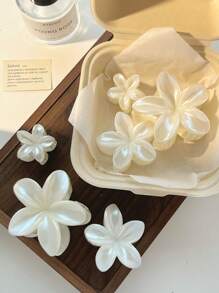 爪夹 6 件/套仿珍珠白花发夹女士，波西米亚夏威夷海滩度假时尚休闲发饰，适合发髻、刘海、马尾辫装饰，学校用品，大学