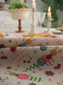 MeijiaMo 1 pièce Nappe rectangulaire imprimée de lapins et de fleurs, tapis de décoration bohème décontracté en polyester avec franges, anti-poussière pour salle à manger, cuisine, hôtel, chambre, fête, table ronde