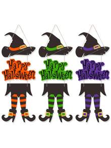 1pc Halloween Happy Sign Decoration Witch Legs Hat Hanging Wooden Wall Decor Version Rustic Front Door Hanger Fall Art Ornament For Home Room Indoor Outdoor Holiday Party - Multicolor - View 10