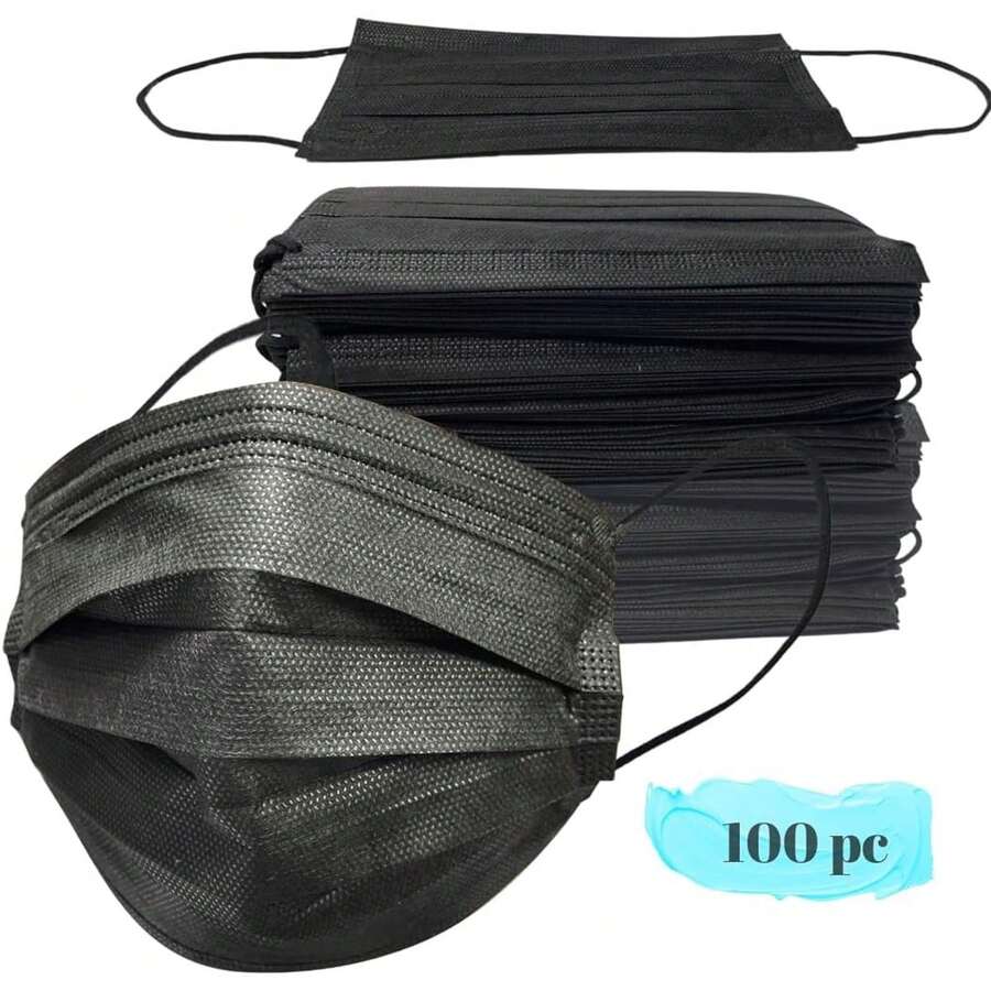 100 Pcs Black Disposable Face Masks - Soft Ear Loops & Nose Clip For Comfortable All-Day Wear