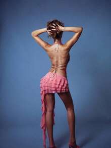 Women Floral Mesh Tank Top Y2K Flower Embroidery Sheer Halter Crop Tops See Through Tie Up Backless Camisole - Rosa Fucsia - Ver 4